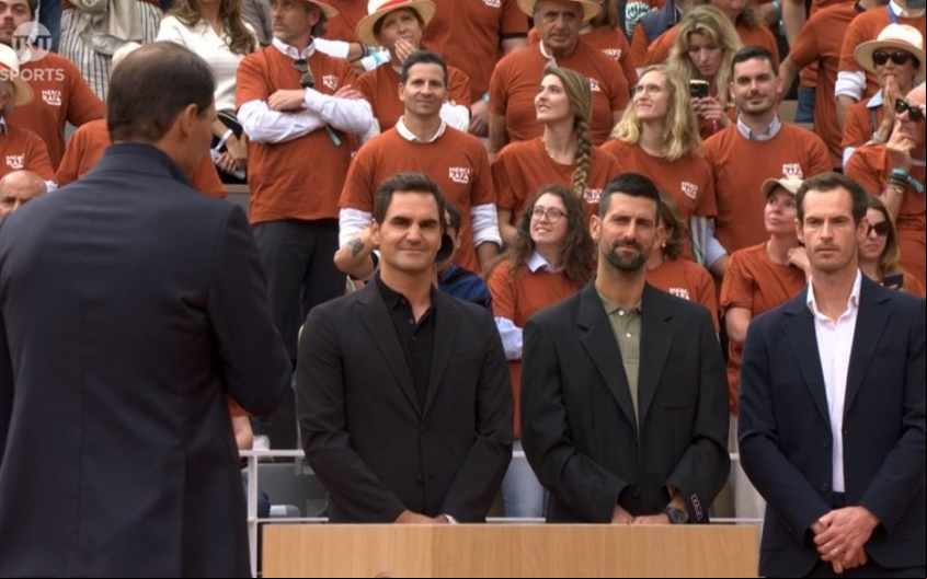 Federer, Djokovic e Murray na homenagem a Nadal em Roland